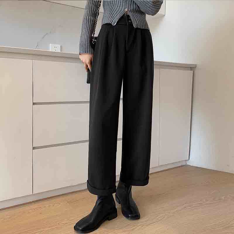 實拍毛呢卷邊闊腿褲女秋冬學院風加厚小個子顯高高腰直筒九分褲