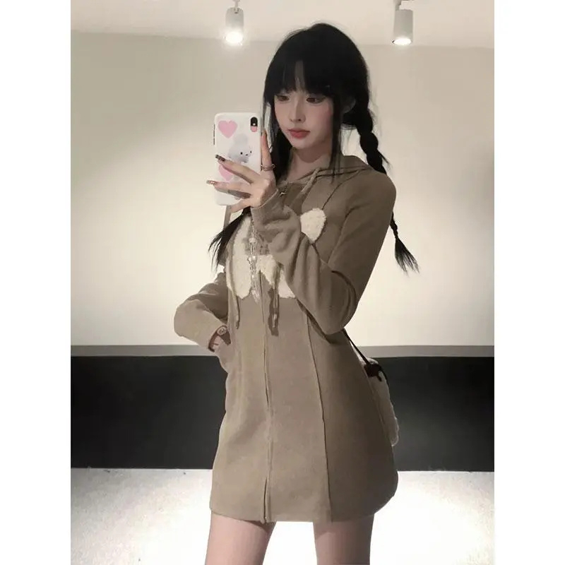 美拉德連帽收腰連衣裙小個子可穿長款短款楓葉蝶溺水三魚同款