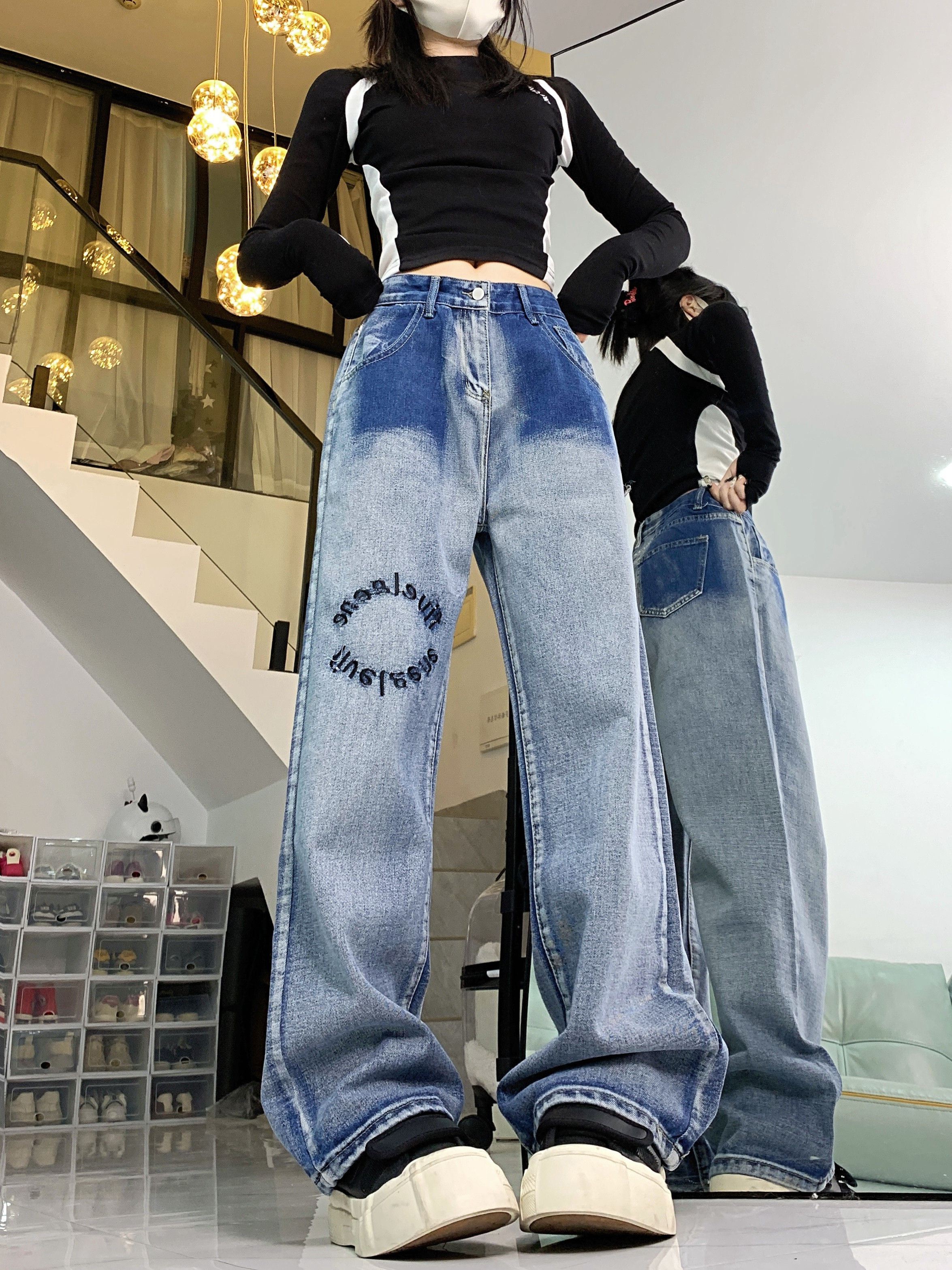 Washed distressed gradient jeans letter high waist loose slimming straight wide leg trousers