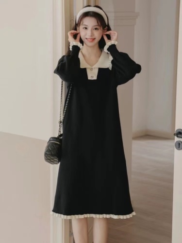 French sweet lapel knitted temperament dress for women autumn and winter new high-end little black dress for age-reducing first love skirt