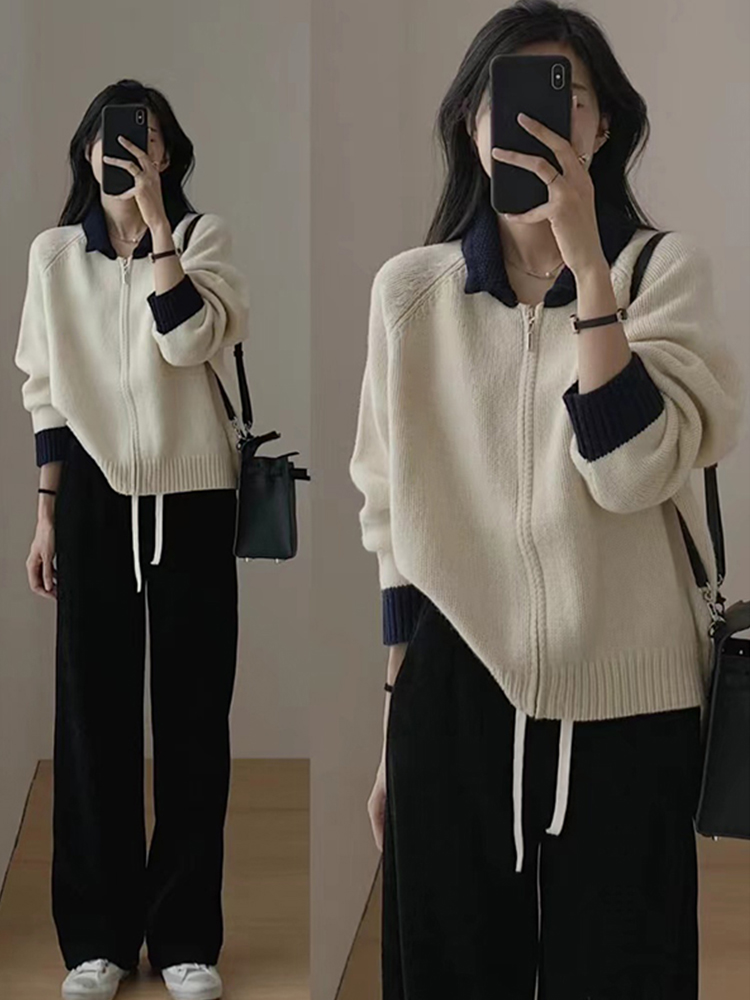 Creamy apricot lapel sweater for women 2024 spring outfit Japanese lazy sweater retro zipper cardigan jacket