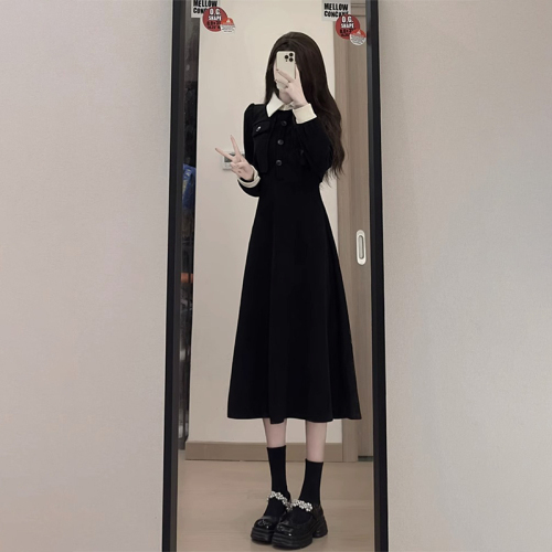 Autumn and winter  new black fake two-piece dress for women French high-end Hepburn waist slimming long dress