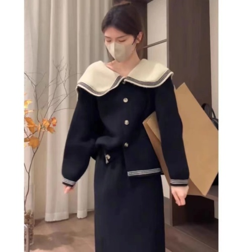 College style sweater suit for women, new Japanese design, loose knitted cardigan, hip-covering skirt, two-piece set