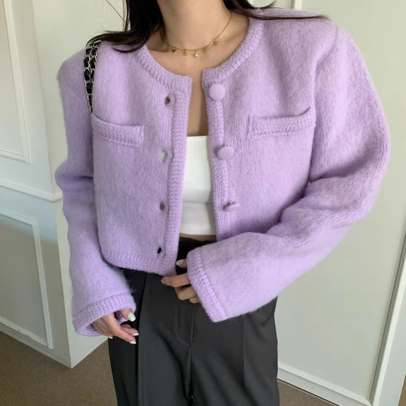 Korean Dongdaemun 23 autumn and winter candy-colored round neck buttoned fake pocket versatile short coat sweater