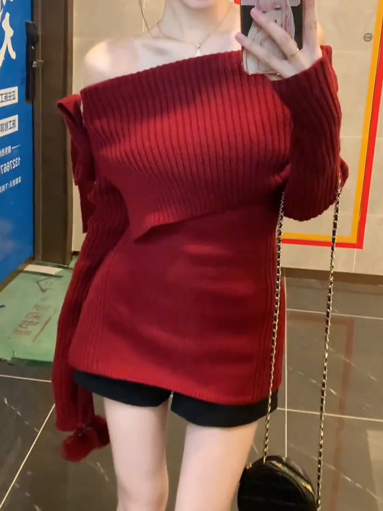 Pure Desire Hot Girl One-shoulder Knitted Sweater Women's Autumn and Winter Design Long-Sleeved Off-the-Shoulder Sweater Waist Slimming Knitted Top