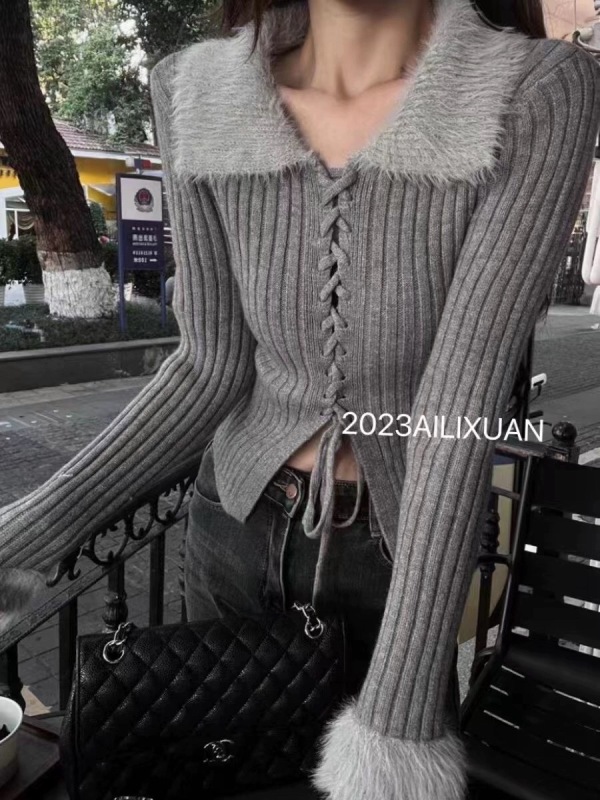 2023 new autumn and winter Korean high-end furry doll collar lace-up waist short pit strip long-sleeved sweater