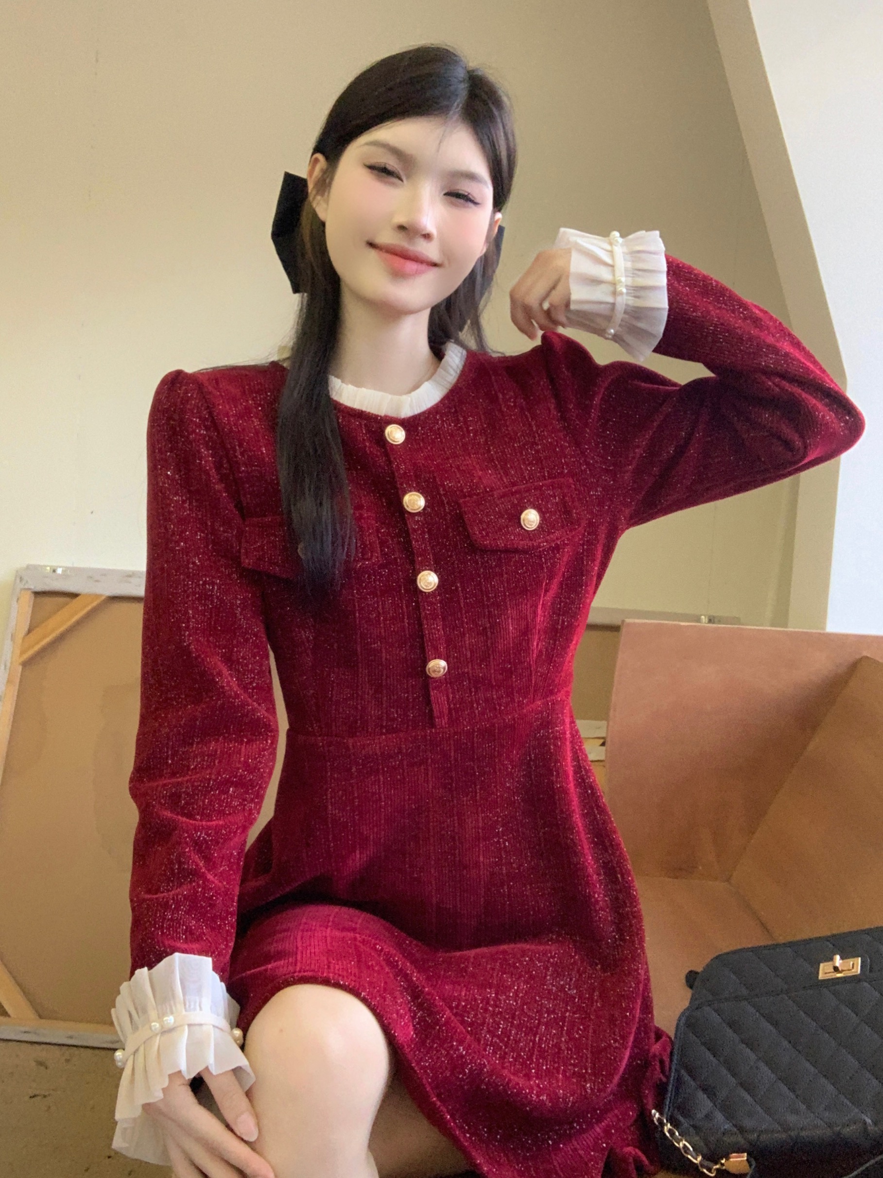 實拍  聖誕過年戰袍！秋冬高級感裙子氣質小香風顯瘦連衣裙女