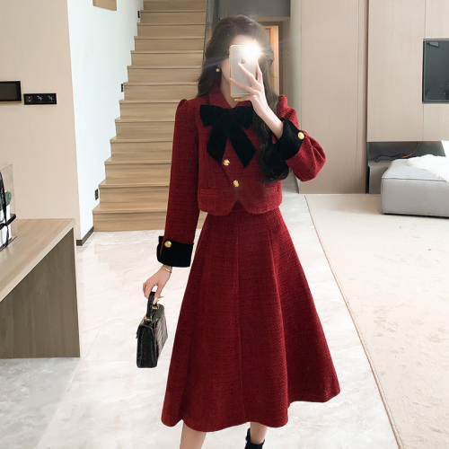 Actual shot of  winter celebrity bow small fragrant quilted jacket top + fishtail half-length skirt two-piece set