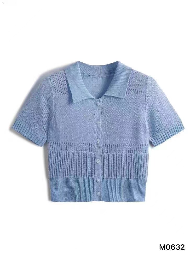 New Korean style polo collar single-breasted hollow knitted short-sleeved top for women