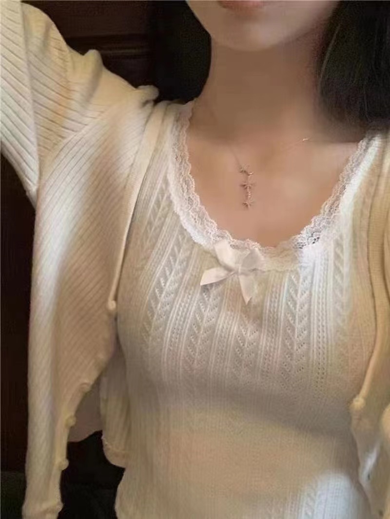 早春新款韓系圓領鏤空蕾絲花邊蝴蝶結背心春秋針織衫上衣