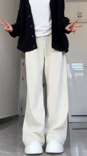 加绒白色裤子女秋冬季新款针织雪尼尔灯芯绒休闲西装阔腿裤
