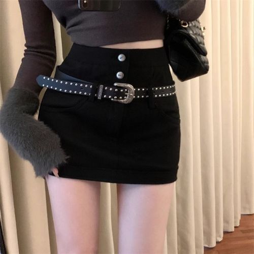 Black woolen skirt for women autumn and winter  new hot girl high-waisted slim skirt tight a-line hip-hugging short skirt