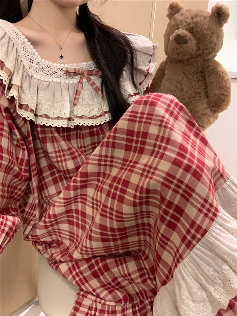 實拍韓版全棉聖誕紅格子甜美重工蕾絲宮廷寬鬆家居服套裝睡裙