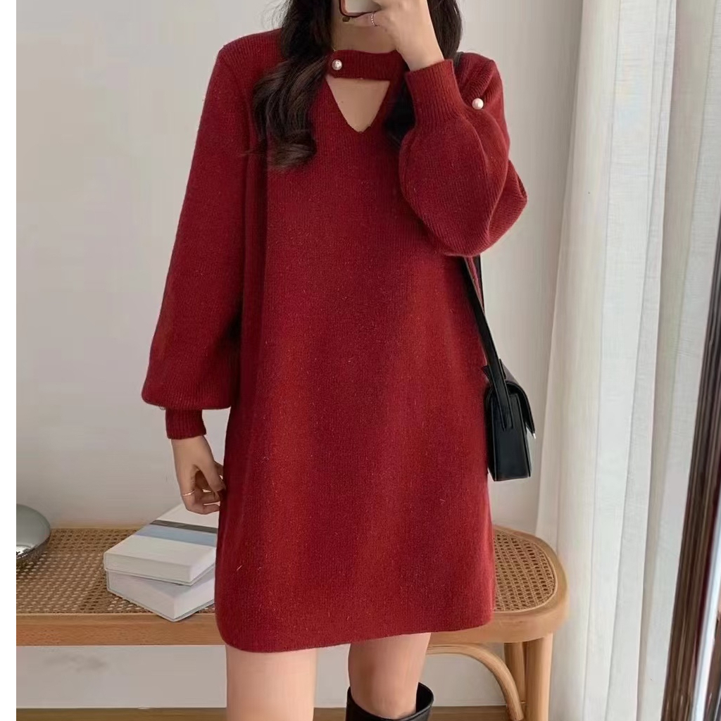 Loose sweater dress for women in autumn and winter, thickened lantern sleeves, bright silk knitted dress, western style top inside
