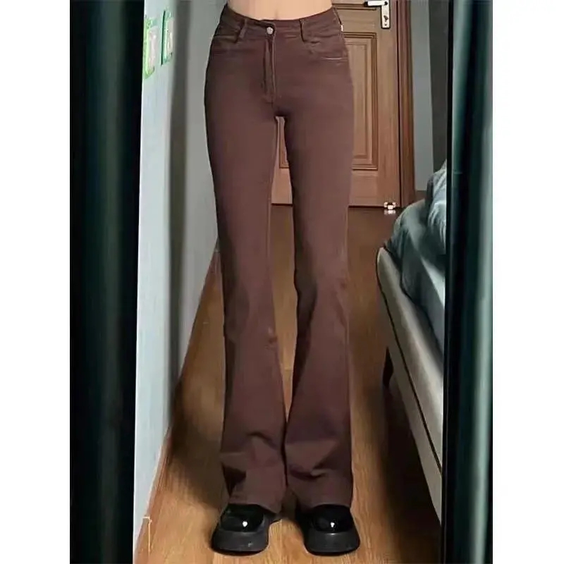 Early spring new European and American brown high-waisted jeans for women, retro slim trousers, wide-leg pants for small people