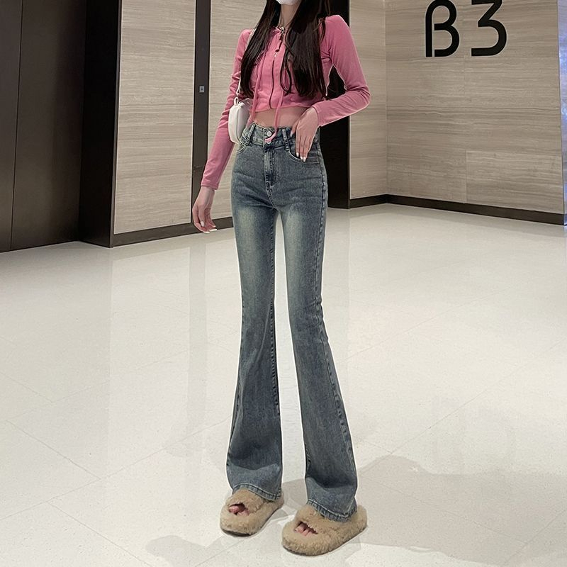 High-waisted buttoned bootcut jeans for women 2023 winter small elastic slimming large size horse hoof pants trendy