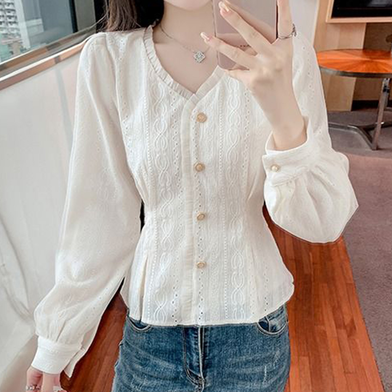 Quality Inspection Officer Picture 2023 Autumn New V-neck Shirt Long Sleeve Belted Top Waist Slim Western Style Small Shirt