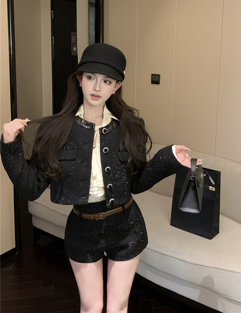 實拍秋冬復古粗花呢小香風加棉外套+百搭短褲配腰帶女