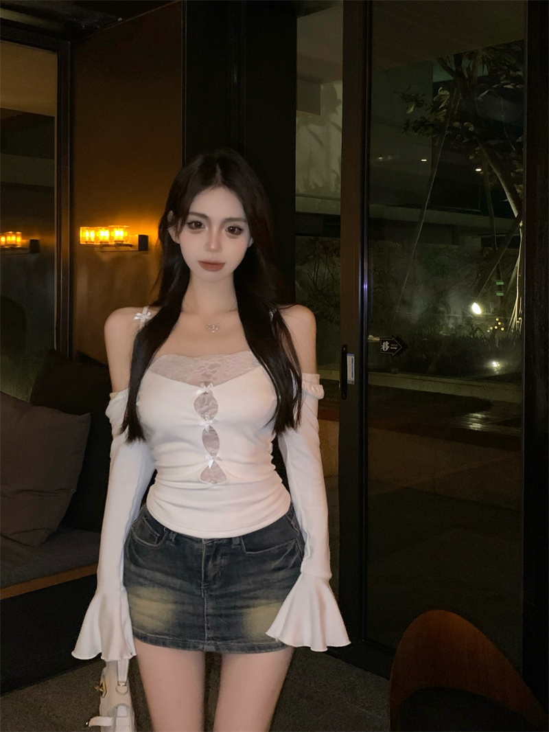 Actual shot~Pure desire one-shoulder hollow fake two-piece lace splicing trumpet sleeve bottoming top slim fit T-shirt