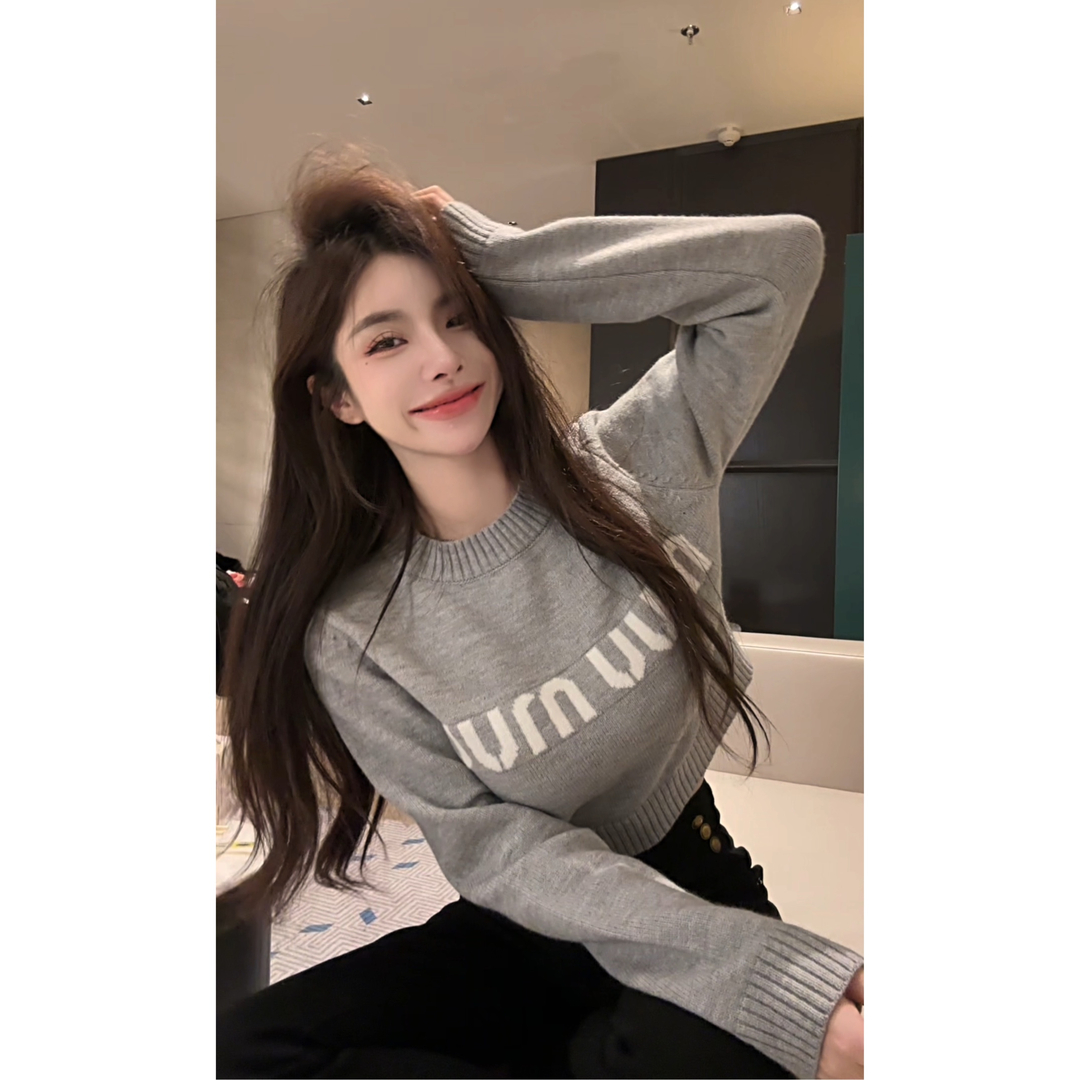 Gray raccoon velvet short pullover sweater for women in autumn and winter, right shoulder bottoming shirt for small people 2023 new style