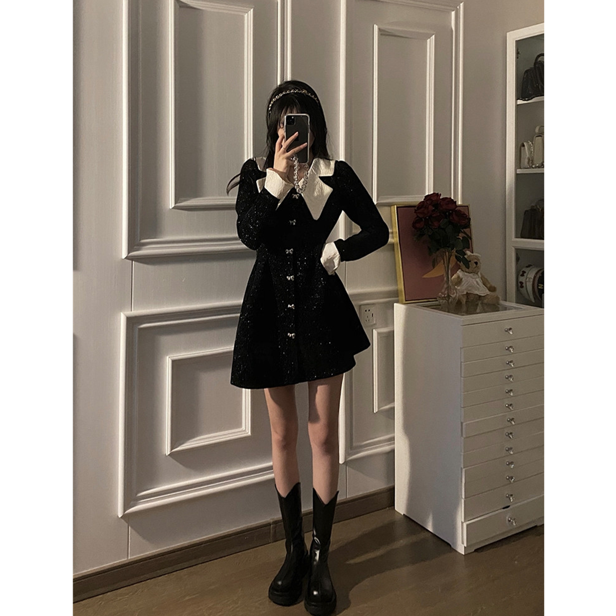 French doll collar small fragrant princess dress for women spring and autumn new style waist slimming black dress