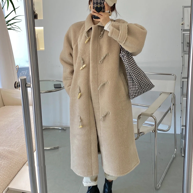 Quality Inspection Official Picture Horn Button Thickened Jacket Women's Long 2023 Winter New Fur-In-One Eco-Friendly Plush Coat
