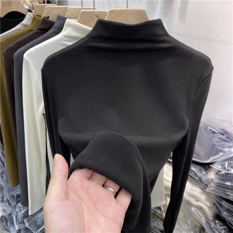 Half-turtle collar bottoming shirt for women in autumn and winter, stylish inner layer, tight-fitting mid-collar white T-shirt plus velvet brushed top
