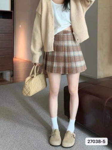  Autumn and Winter New Korean Style Retro College Style Pleated Woolen Skirt