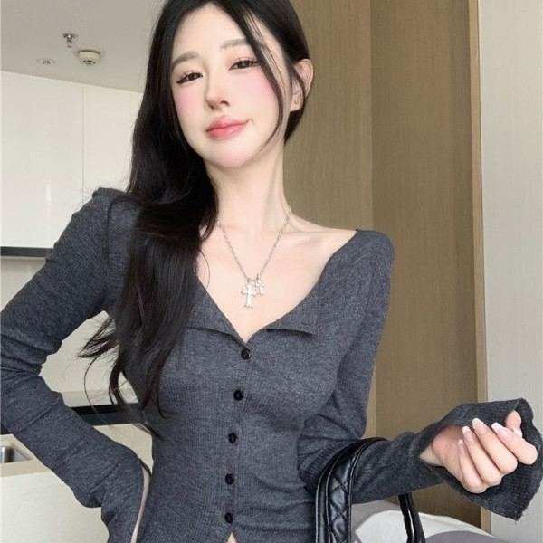 280g thread strip hot girl bottoming shirt women's autumn slim long-sleeved design top chic