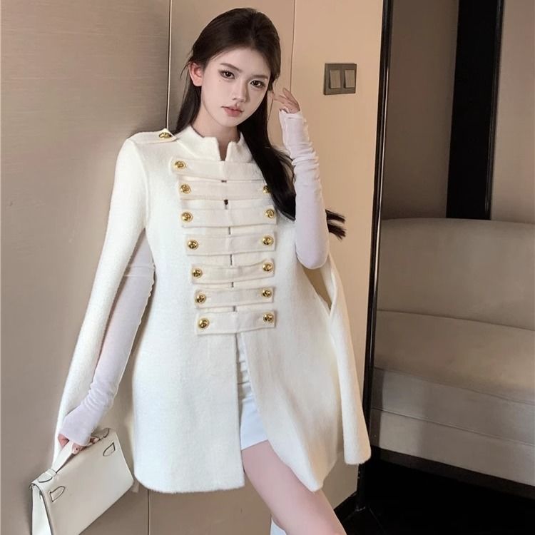 Rich daughter's cape coat women's autumn and winter 2023 new design loose mid-length long-sleeved woolen coat