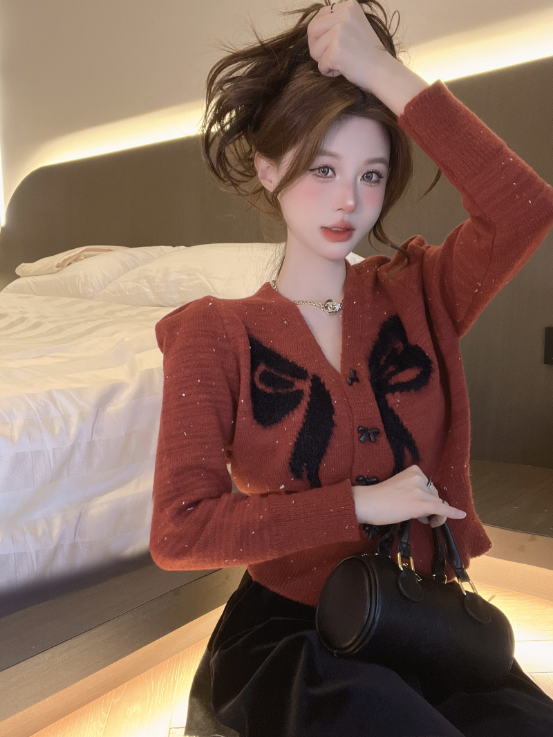Actual shot~Autumn and winter new Korean style bow V-neck sequined puff sleeves thickened sweet sweater cardigan