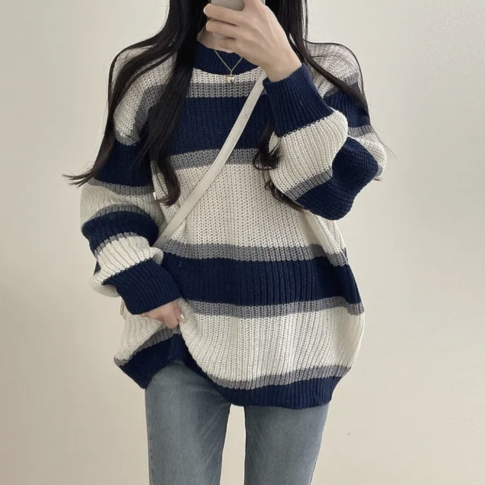 Korean chic autumn and winter round neck pullover striped sweater for women, versatile loose knitted top