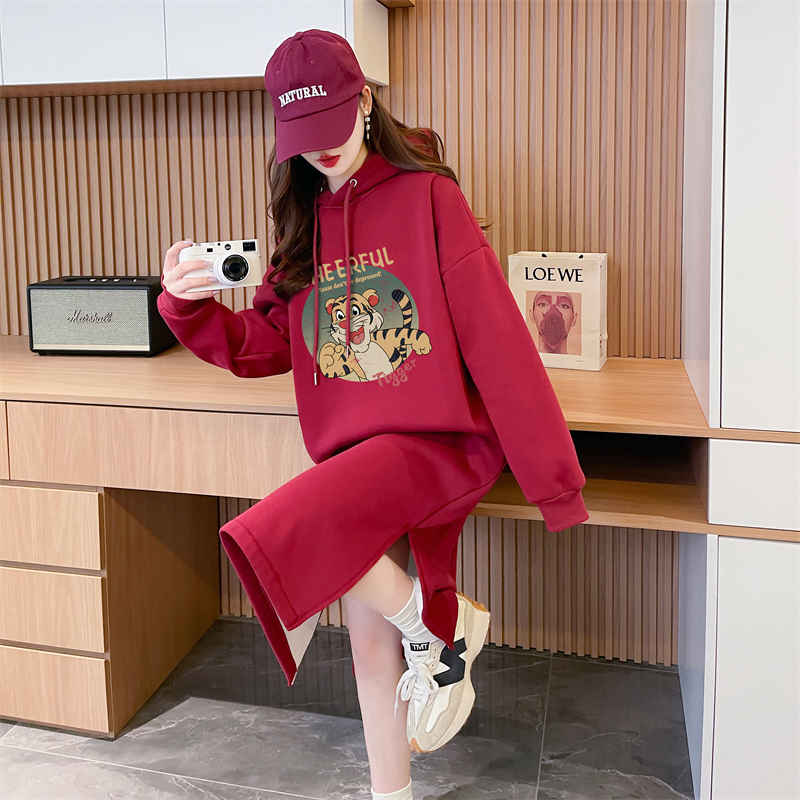 實拍 加絨加厚連帽衛衣女中長款新款秋冬寬鬆外穿慵懶風外套