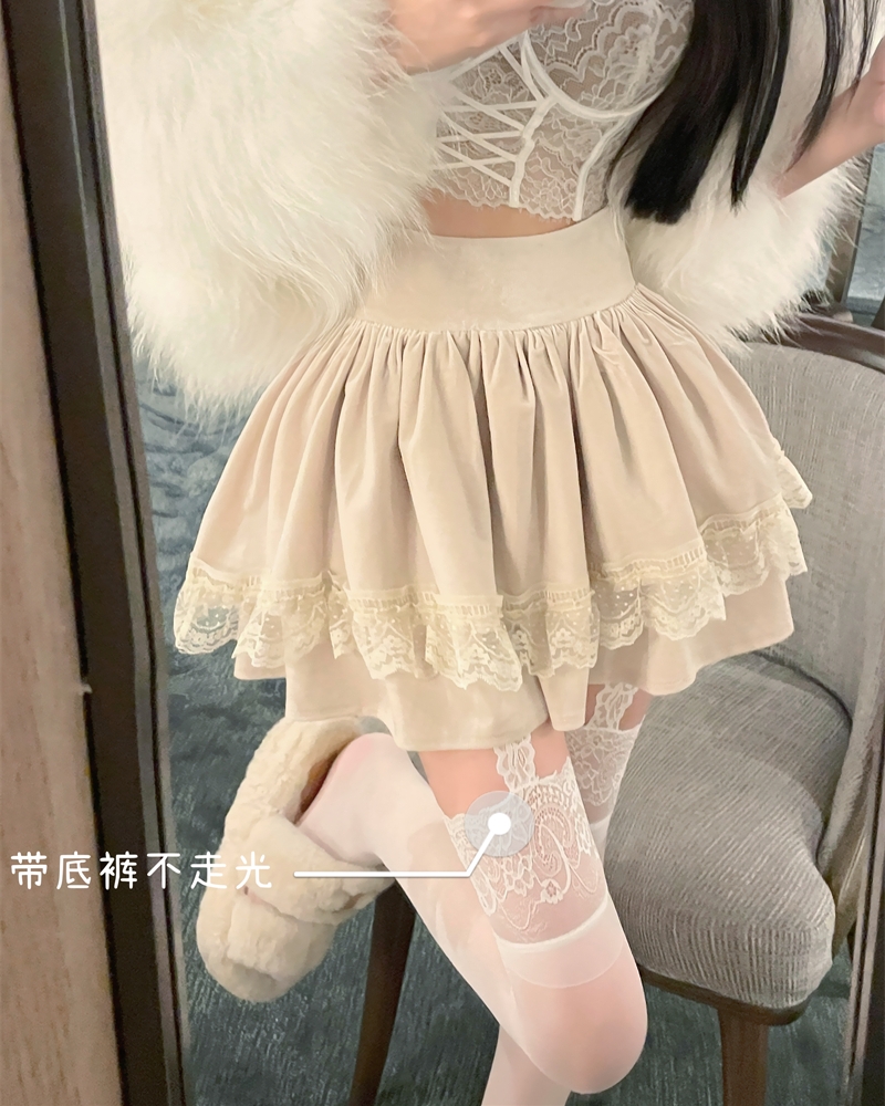 實拍 秋冬絲絨蓬蓬蕾絲花邊a字短裙防走光蛋糕裙高腰半身裙子