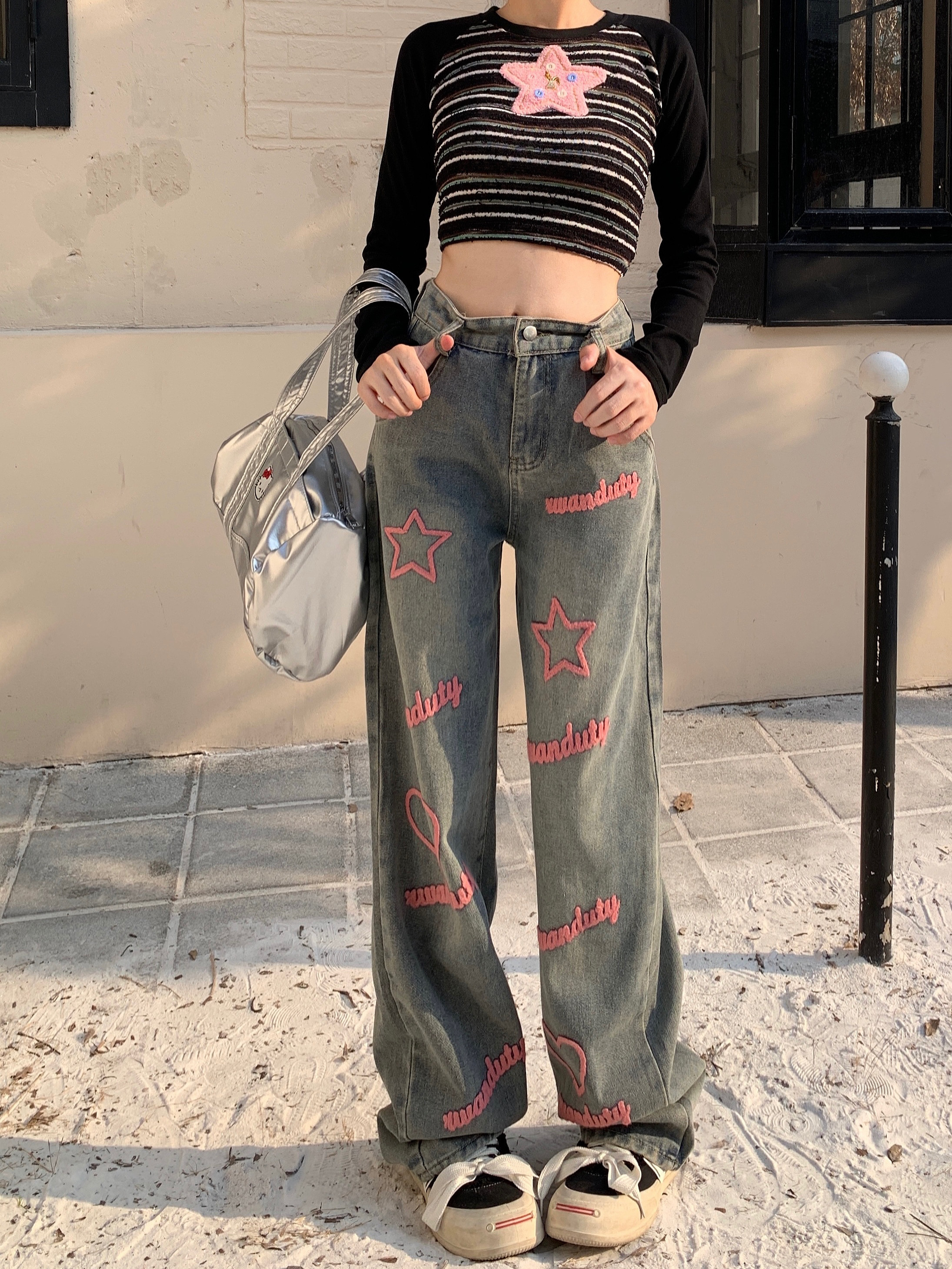 High street hot girl letter embroidered wide leg jeans high waist loose straight straight floor mopping pants