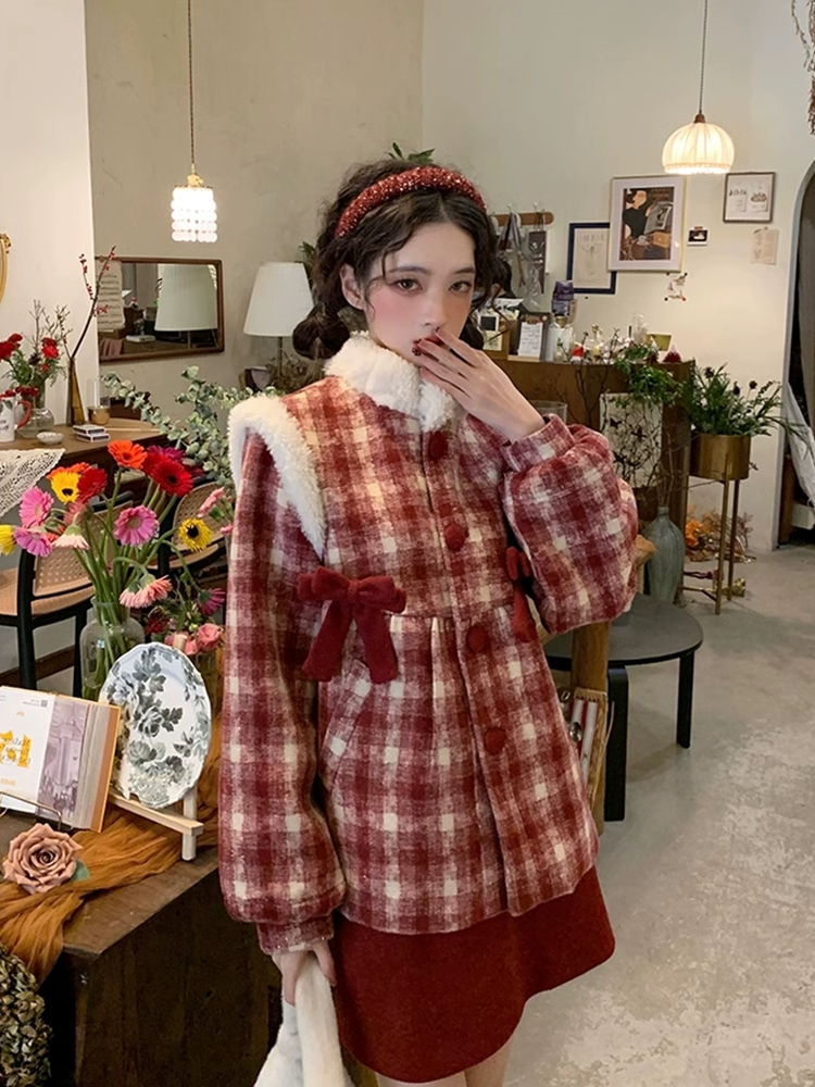 Christmas red small fragrance suit for women 2023 autumn and winter plaid woolen jacket + a-line skirt temperament two-piece set