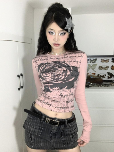 Hot Girl Pink Retro Romantic Rose Print Round Neck Slim Fit Top Autumn