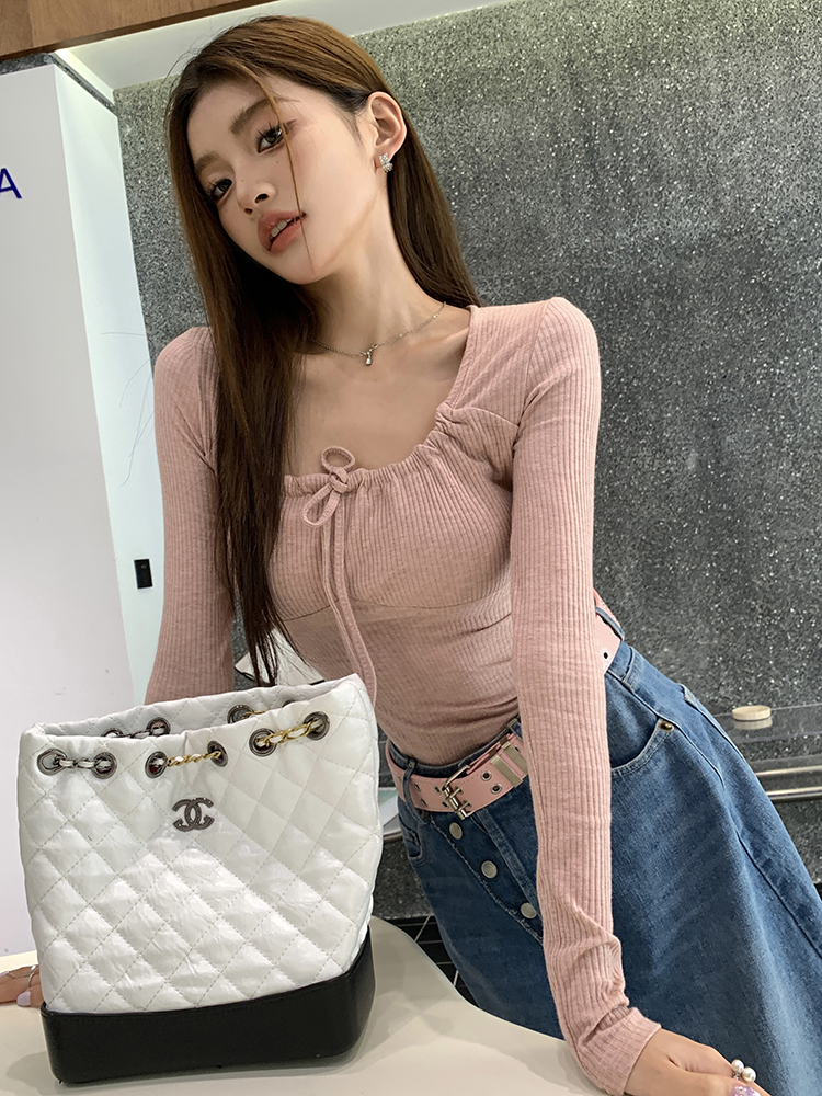 Actual shot of 2024 spring new pure lust style girlfriend atmosphere bottoming shirt top slimming slim long-sleeved T-shirt