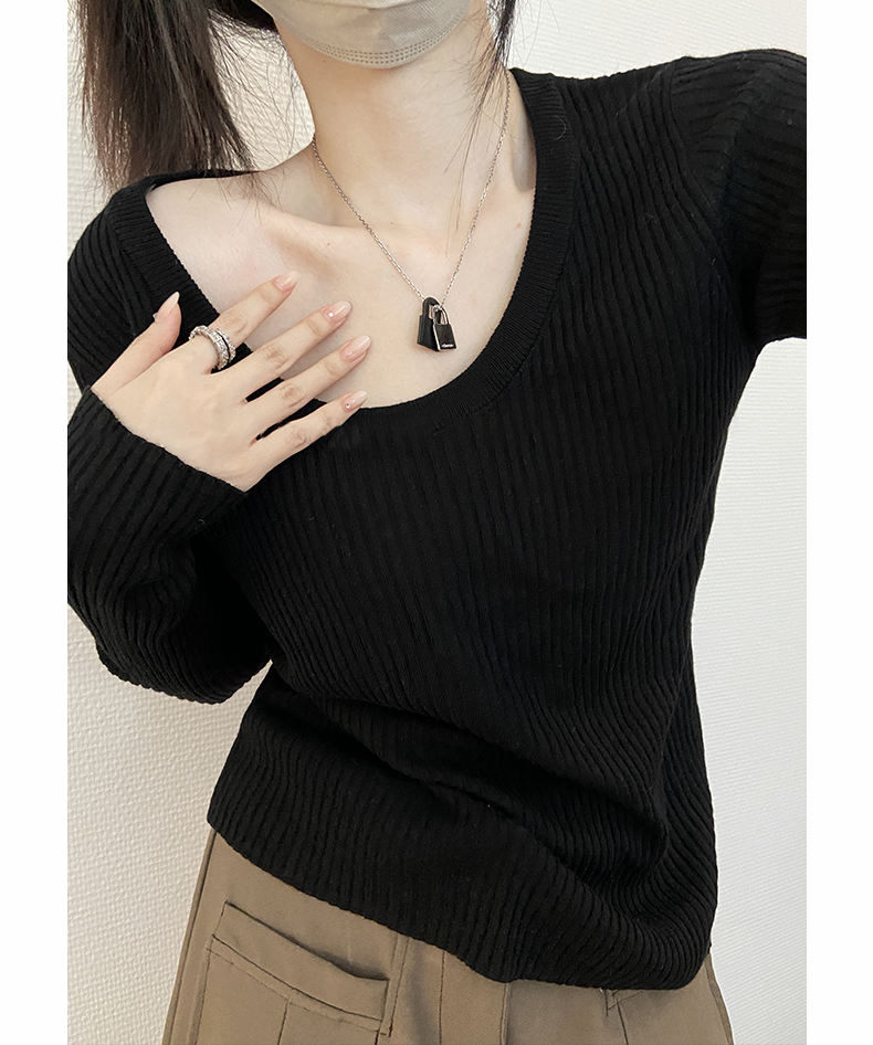 Off-white u-neck bottoming sweater early autumn new style with coat inner soft and waxy chic sweet and spicy small top for women thin