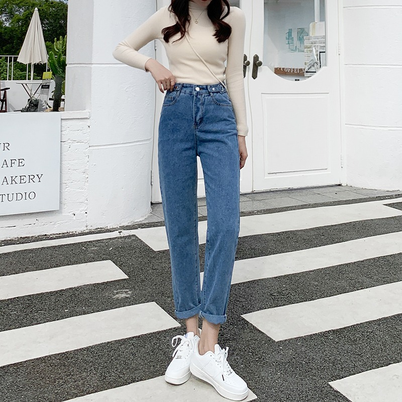 實拍2024春季新款小個子直筒牛仔褲女高腰潮ins哈倫褲