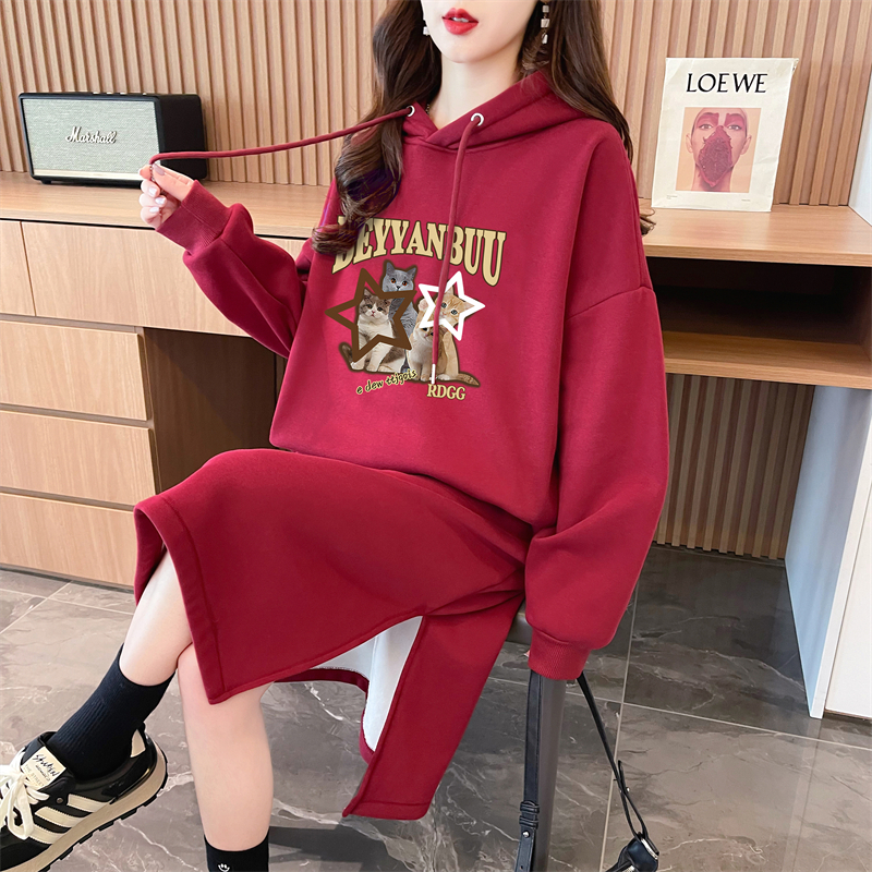 實拍 加絨加厚連帽衛衣女中長款新款秋冬寬鬆外穿慵懶風外套