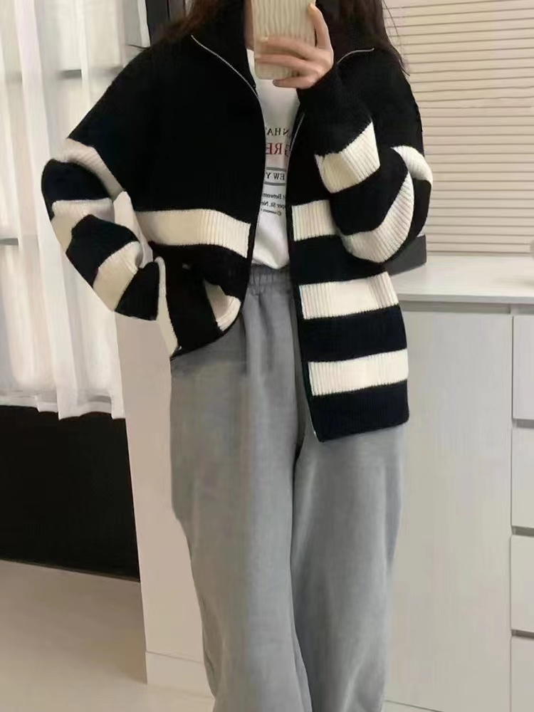 Striped double zipper sweater cardigan knitted jacket women's spring and autumn 2023 new lapel loose top