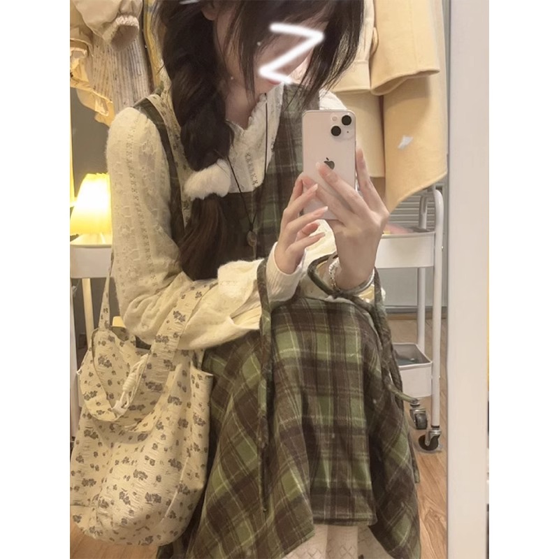 Tea break, beautiful waist-cinching dress, high-end and super good-looking fake two-piece skirt, niche design plaid long skirt for women