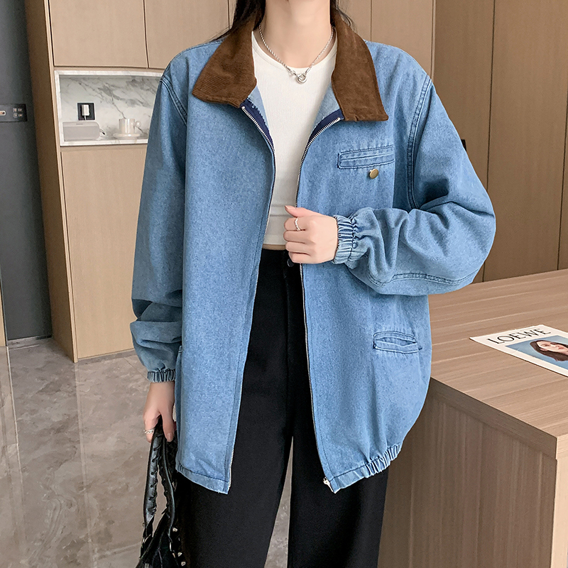 實拍~港風復古牛仔外套女秋冬顯瘦上衣小眾水洗做舊翻領夾克