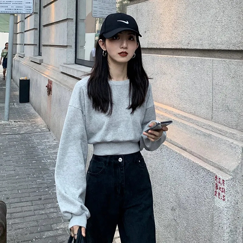 Gray short sweatshirt 2023 new women's spring and autumn thin design niche loose long-sleeved round neck top