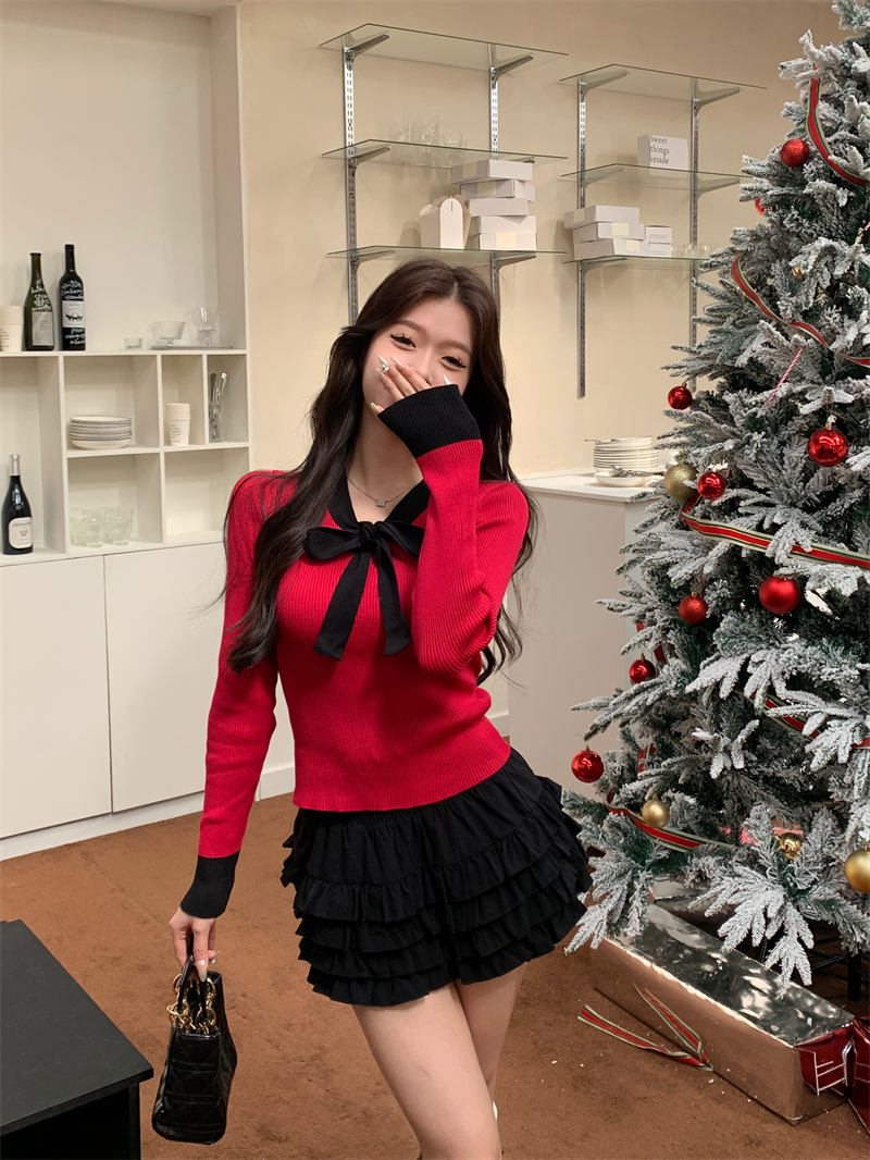 Actual shot of new autumn and winter French style contrasting color three-dimensional strap bow slim knitted sweater top for women
