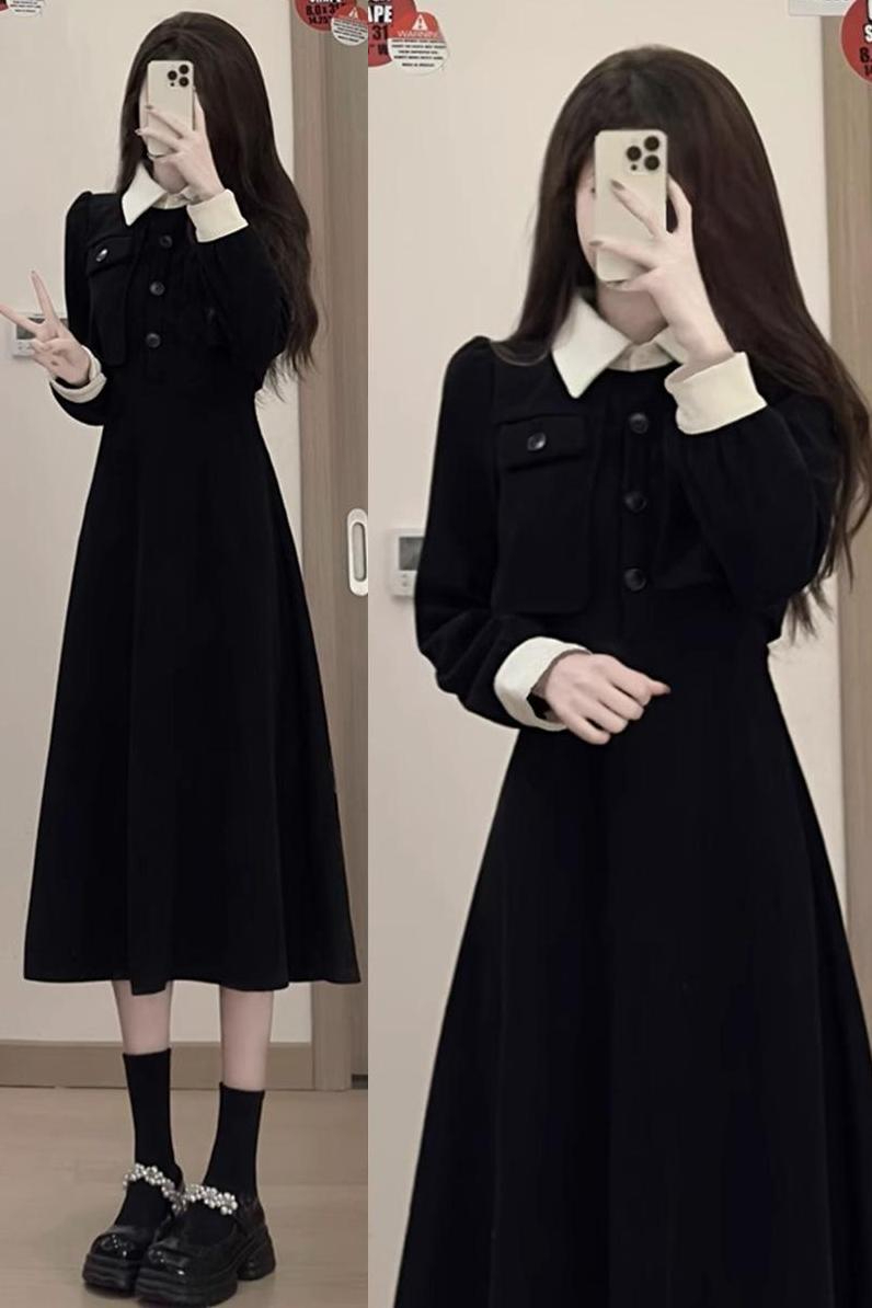 Autumn and winter 2023 new black fake two-piece dress for women French high-end Hepburn waist slimming long dress