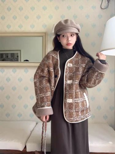 Imitation lamb wool plaid jacket women's autumn and winter Korean version  new reversible design loose long-sleeved top