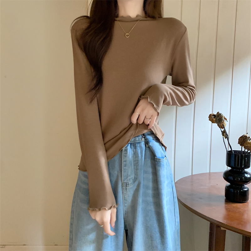 Actual shot of early winter new versatile basic fungus-edged half-high collar solid color long-sleeved inner bottoming top for women