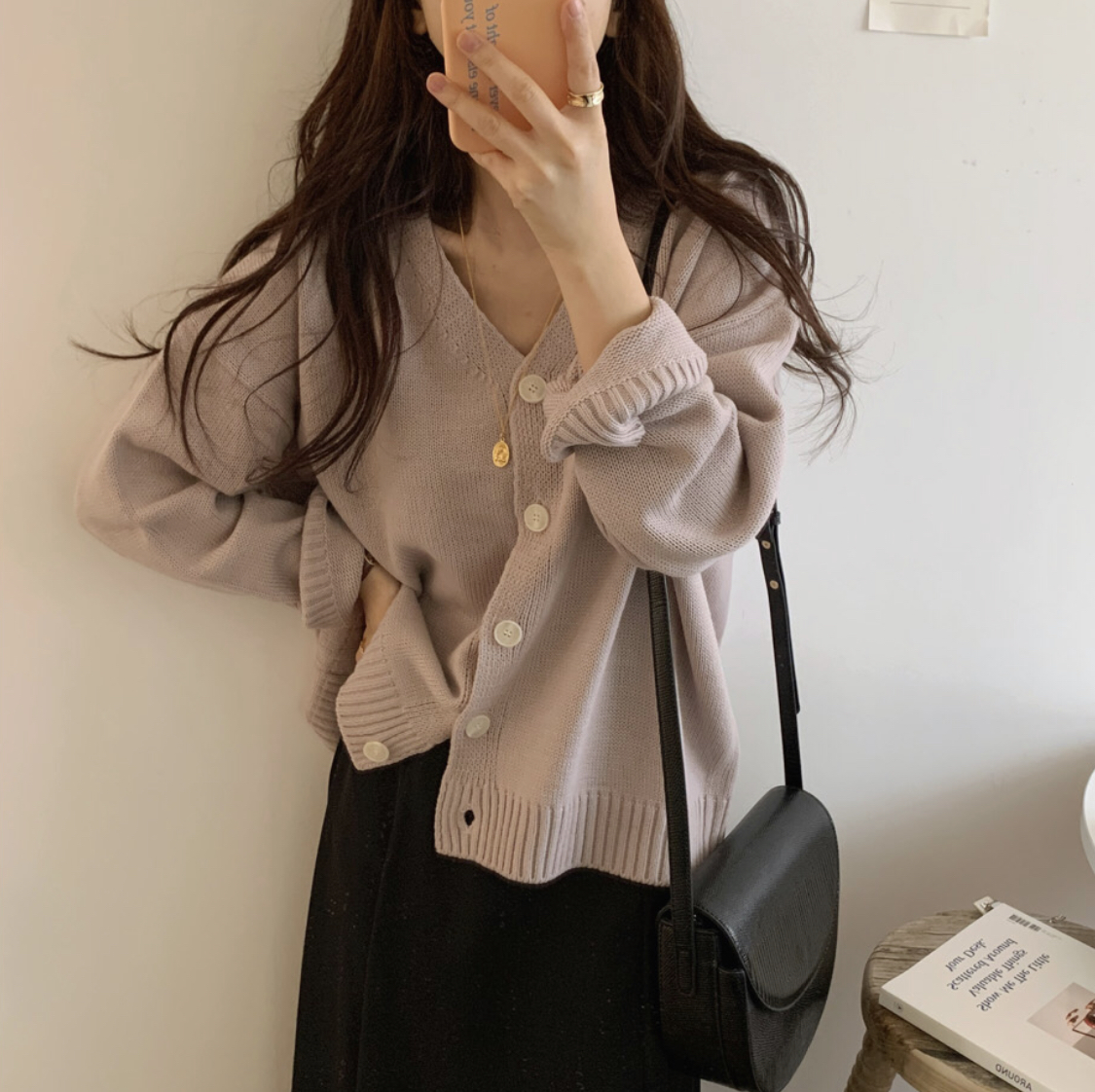 Real shot of large size autumn and winter gentle style knitted cardigan single-breasted v-neck Korean style loose sweater jacket